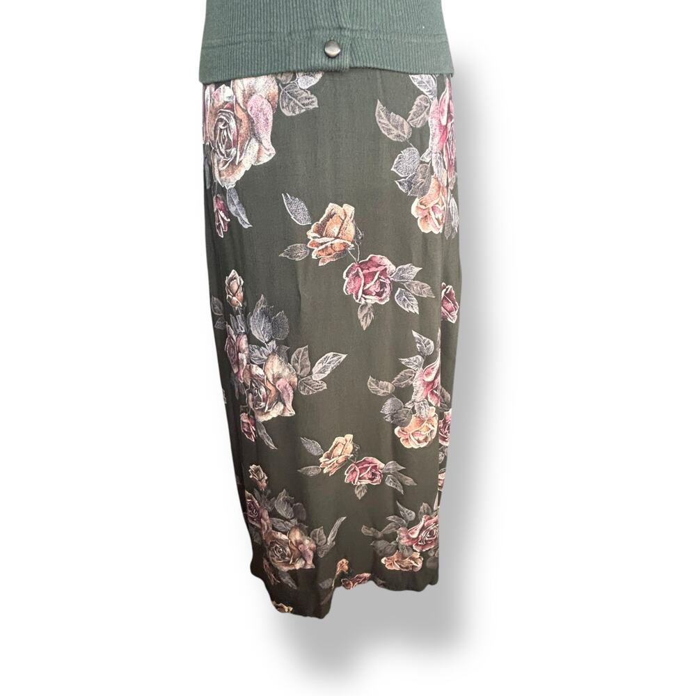 Vintage 90s Faux Two Piece Forrest Green Baby Pink Knit Top Dark Floral Maxi - Picture 6 of 7